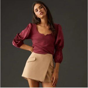 Maeve Anthropologie Maroon Burgundy Ribbed Satin Tiered Long Sleeve Top Blouse